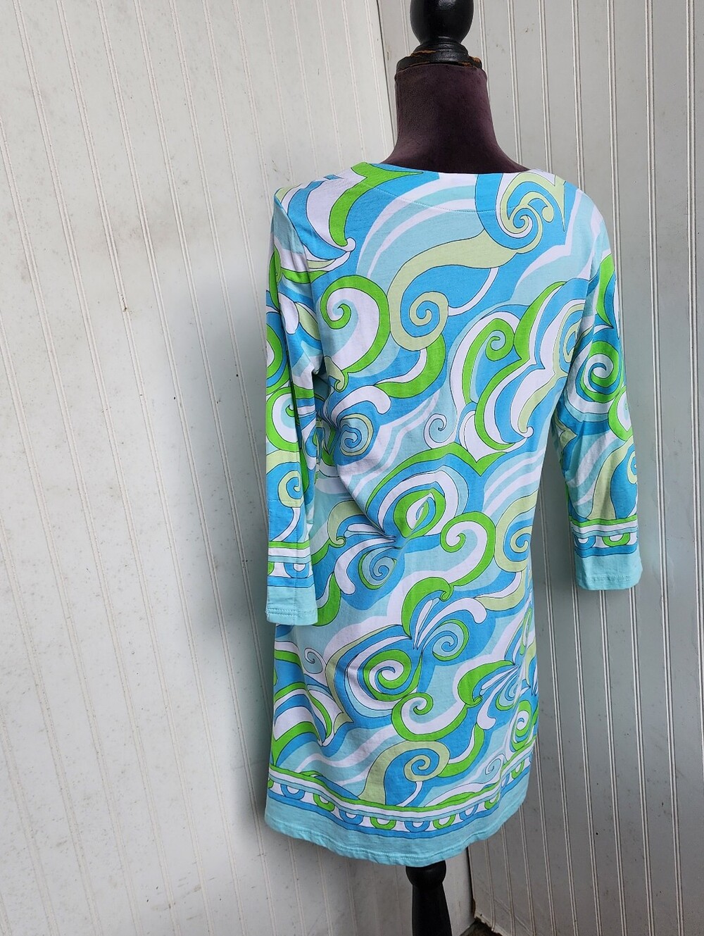 Barbara Gerwit Knit V Neck long sleeve Blue Green Geometric Dress Cotton Women L - Picture 9 of 14